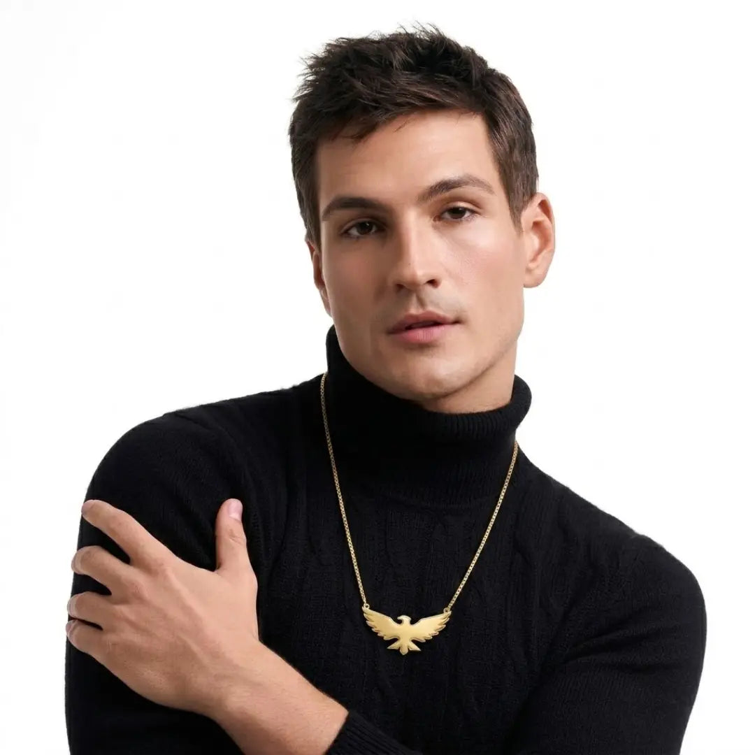 18K Gold Filled Soaring Eagle Pendant Necklace – Sculpted Spread-Wing Eagle Box Chain Necklace for Men & Women